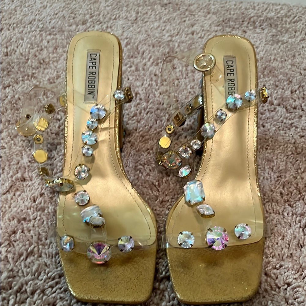 Cape Robbin Gold Heeled Sandals with Floral Embellishments